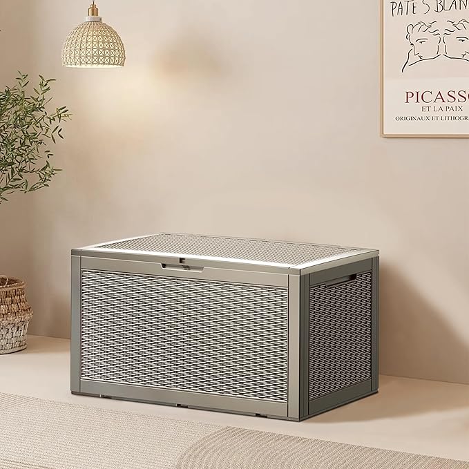 100 Gallon Resin Deck Box, Waterproof Outdoor Storage Bin for Patio Furniture, Pool Accessories, and Garden Tools, Lockable & UV-Resistant, Grey-DeskoryOffice