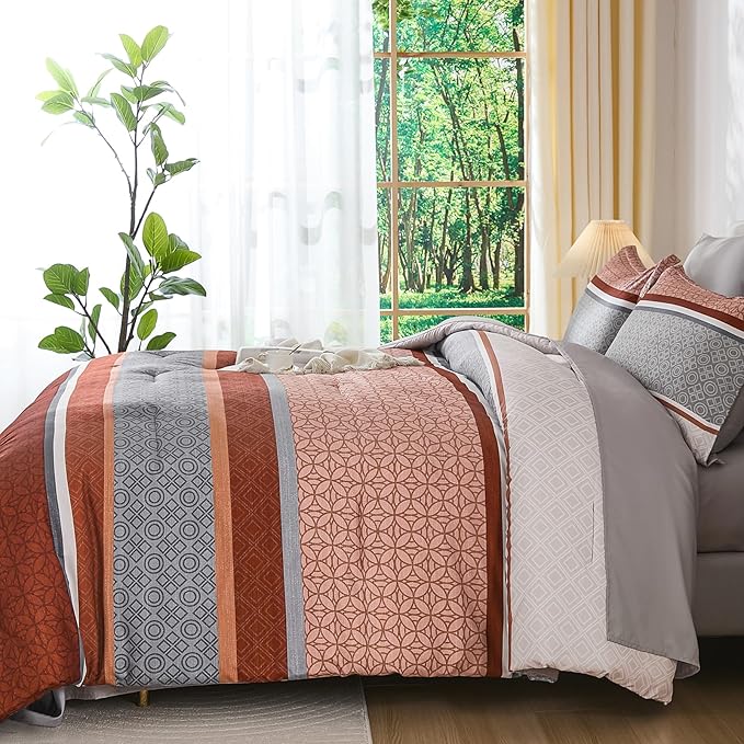 WONGS BEDDING 7 Pieces Comforter Set Queen Size, Burnt Orange Striped Bed in a - Image 6