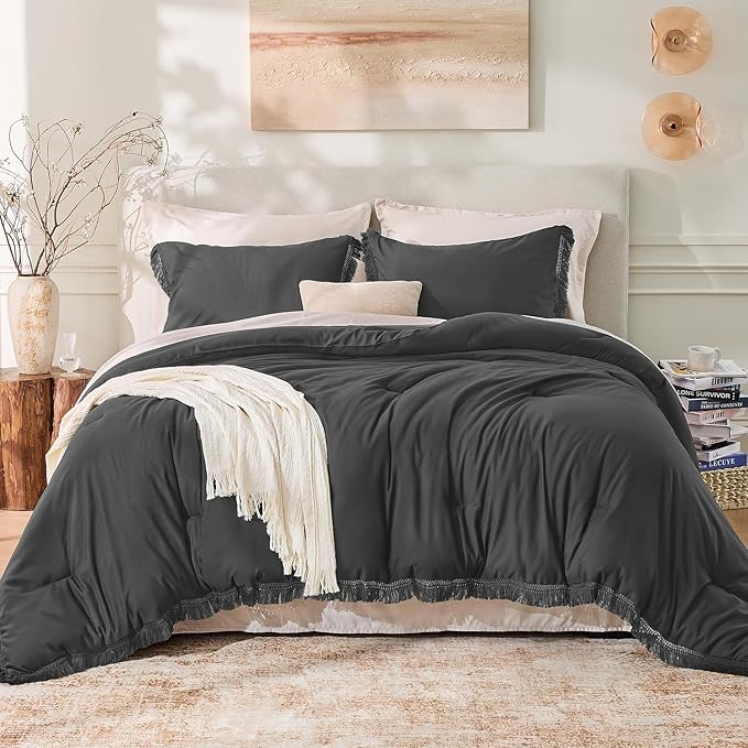 Andency Full Size Comforter Set Dark Grey, 3 Pieces Boho Lightweight Bedding - Image 2