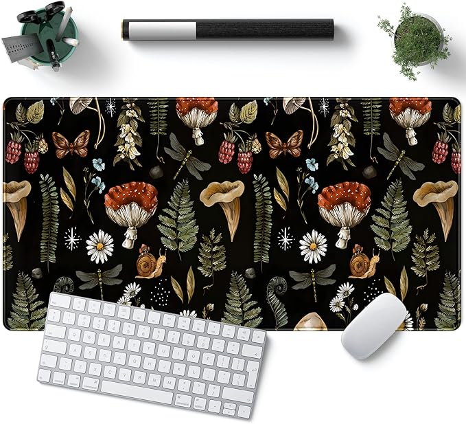 Black Mouse Pad Cottage Core Aesthetic Mouse Pads Mushroom Desk Pad Vintage Mouse Pad Forest Magic Nature Large Desk Pad Ergonomic Mouse Pads with Stitched Edges Non-Slip Computer Mat 31.5x15.7 in-DeskoryOffice