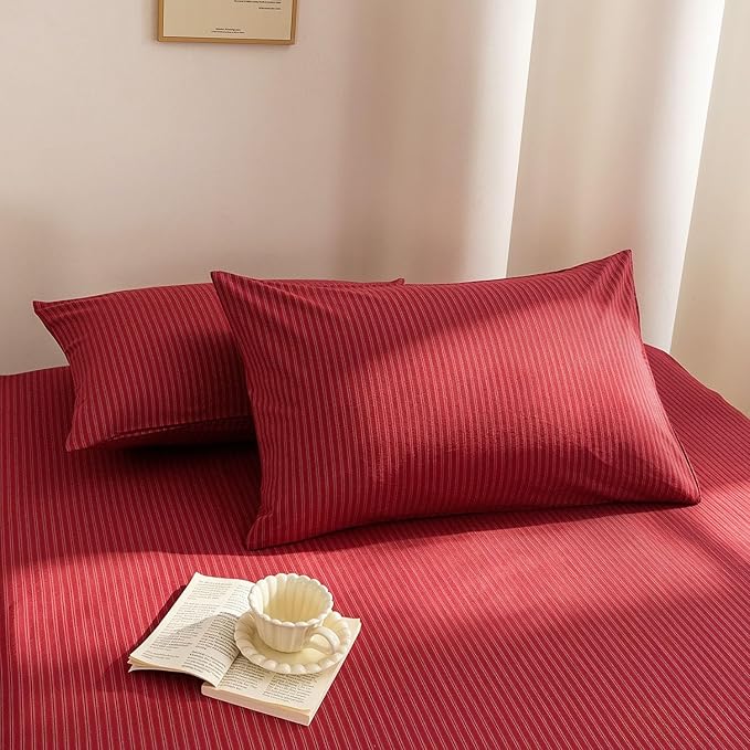 PinkMemory Red Striped Duvet Cover King 100% Washed Cotton Vintage Stripes - Image 7