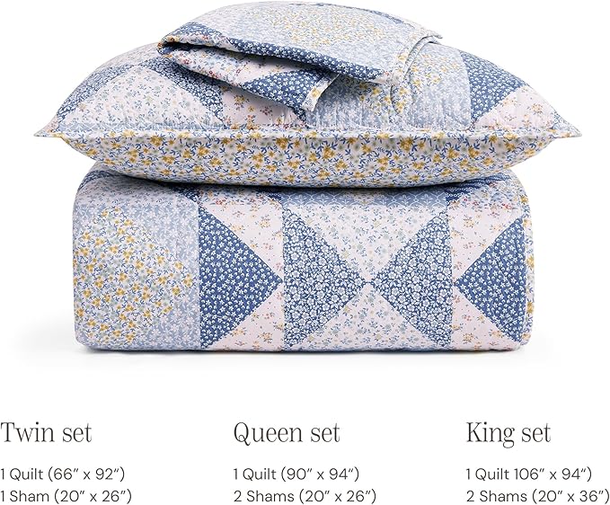 BLOOMHAVEN Quilt Set King Size, Patchwork Blue Marigold Floral Quilt Sets - Image 8