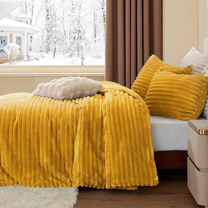 BEDELITE Fleece Queen Comforter Set -Super Soft & Warm Fluffy Mustard Yellow - Image 4