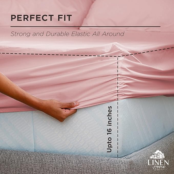Linen Home 100% Long-Staple Cotton Percale Weave Fitted Sheet, Queen Size - Image 3