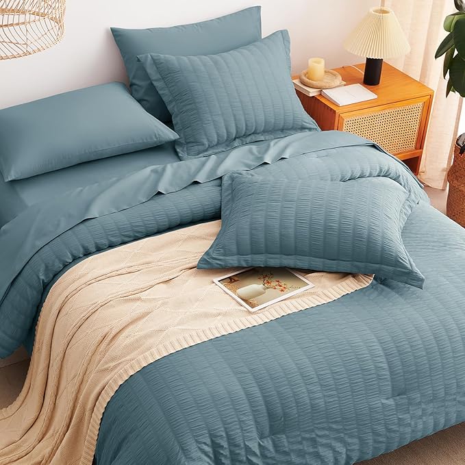 CozyLux Oversized King Comforter Set Mineral Blue Seersucker 7 Pieces 120x98 - Image 6