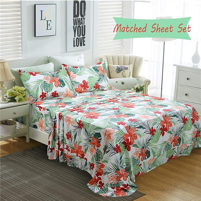 FADFAY Hawaiian Style Red Hibiscus Palm Leaves Tropical Duvet Cover Set Summer - Image 4