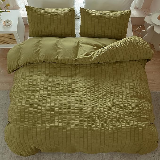 AveLom Olive Green Seersucker Duvet Cover Set King Size, 3 Pieces, Ultra Soft - Image 5