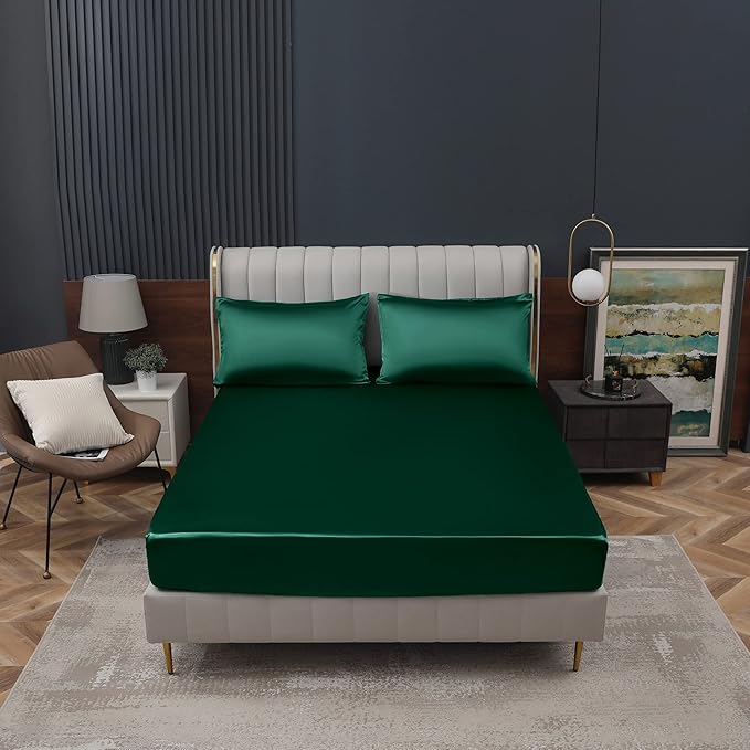 Homiest Blackish Green Satin Fitted Sheet Queen Size, Deep Pocket, Luxury & - Image 2