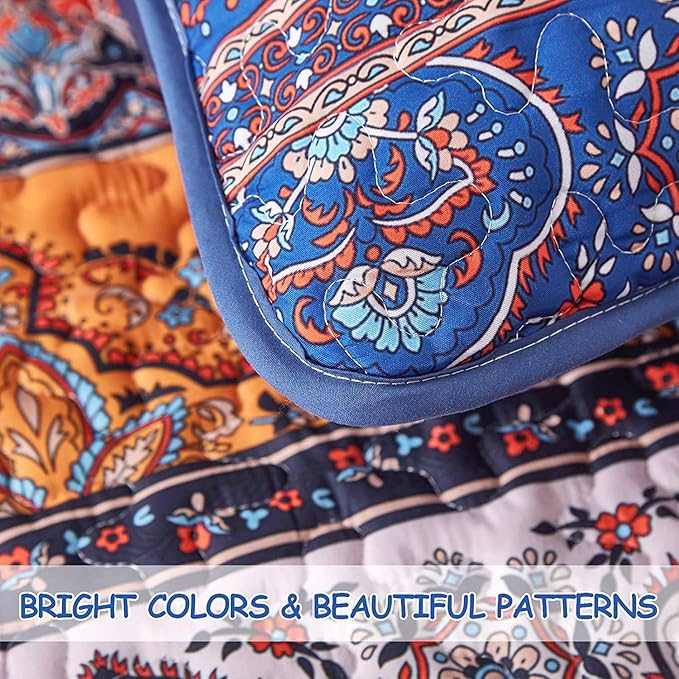 WONGS BEDDING Boho Fall Quilt Full Size, 3 Pieces Orange Blue Bohemian - Image 6