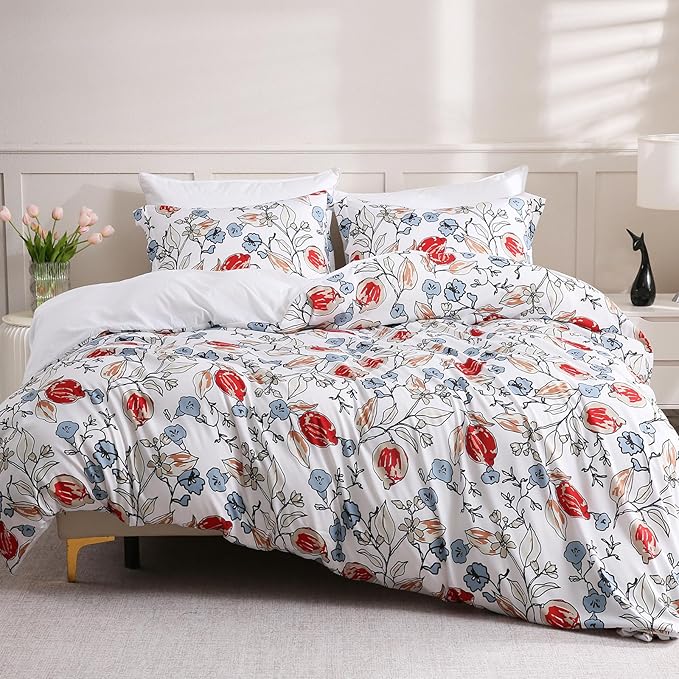 LONAVA Queen Flower 3 Pcs Duvet Cover Set, Breathable Soft Microfiber White - Image 8