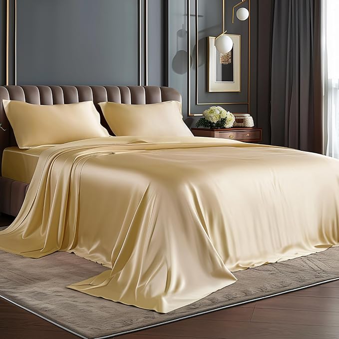 BEDELITE King Size Sheets Set, Luxury Soft Champagne Satin Sheets by BEDELITE