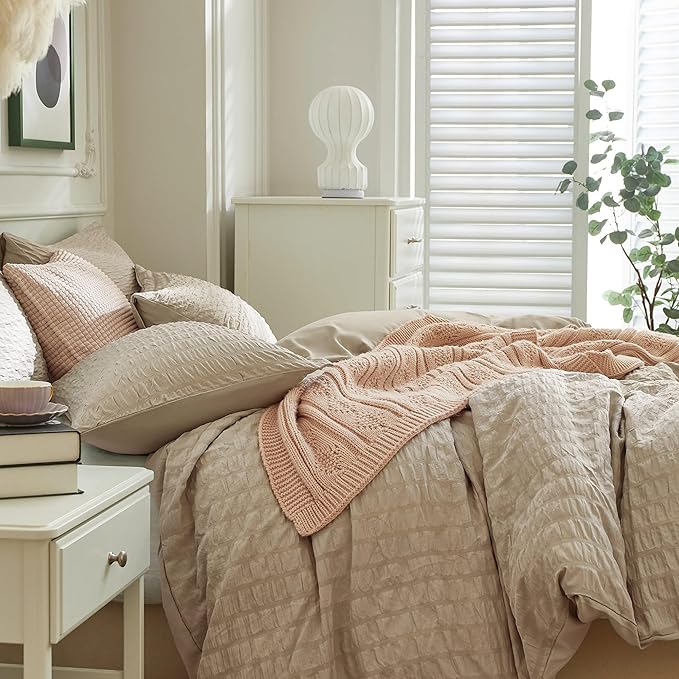 JELLYMONI Khaki Duvet Cover Twin Size, Soft Breathable Seersucker Duvet Cover - Image 7