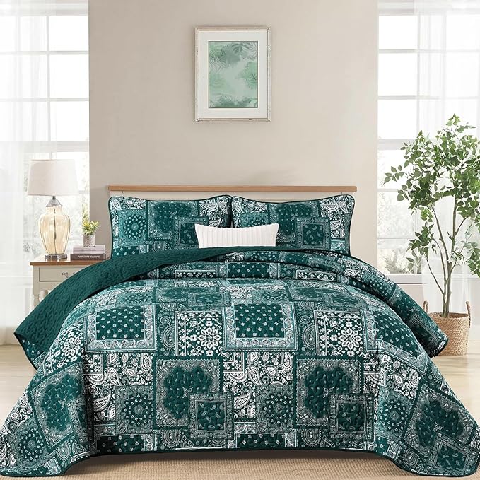 Cottolester King Quilt Set 3 Pieces, Emerald Green Patchwork Quilt Set by Cottolester