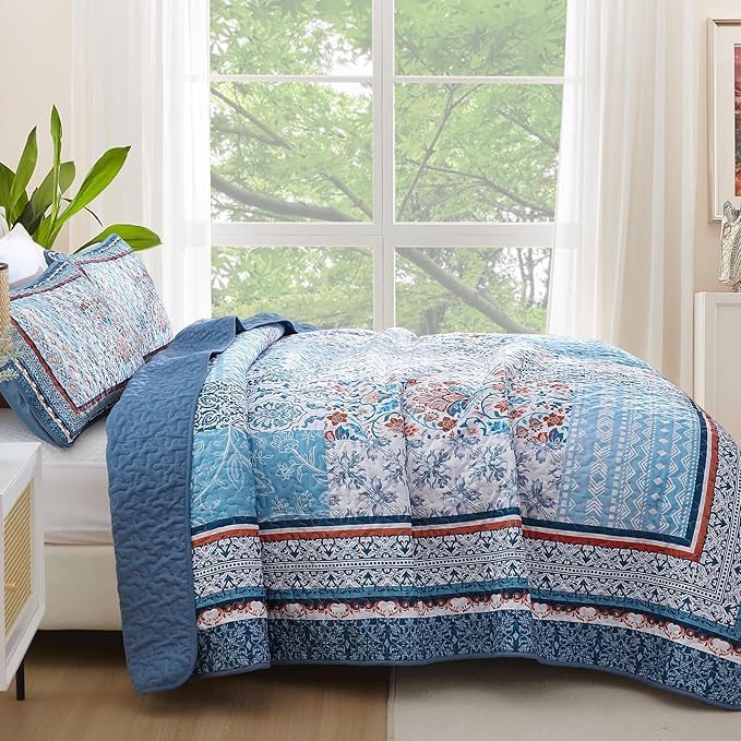 WONGS BEDDING Blue Quilt Set King Size, 3 Pieces Boho Patchwork Bedspread - Image 3