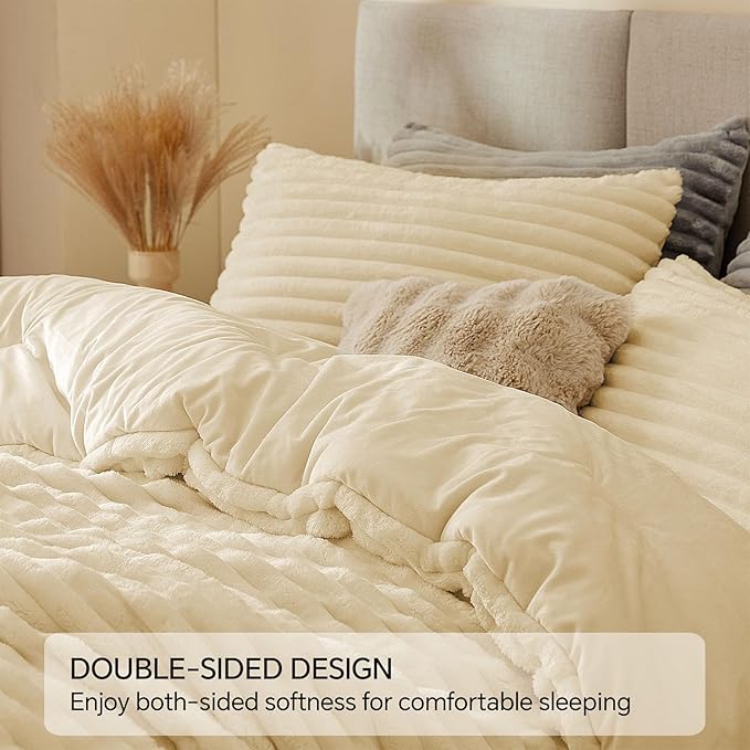 BEDELITE Fleece Queen Comforter Set -Super Soft & Warm Fluffy Beige Bedding - Image 4