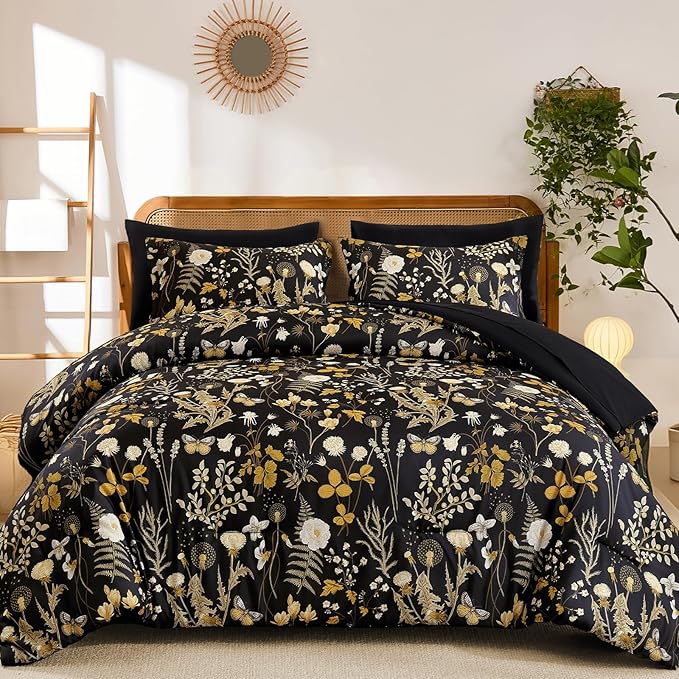Yiran King Size Comforter Set, 7 Pieces Black Floral Soft Bedding Sets - Image 9
