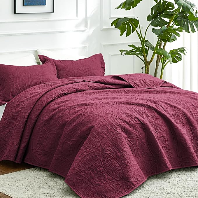 Love's cabin Oversized King Size Quilt Bedding Set Burgundy Bedspreads - Image 2