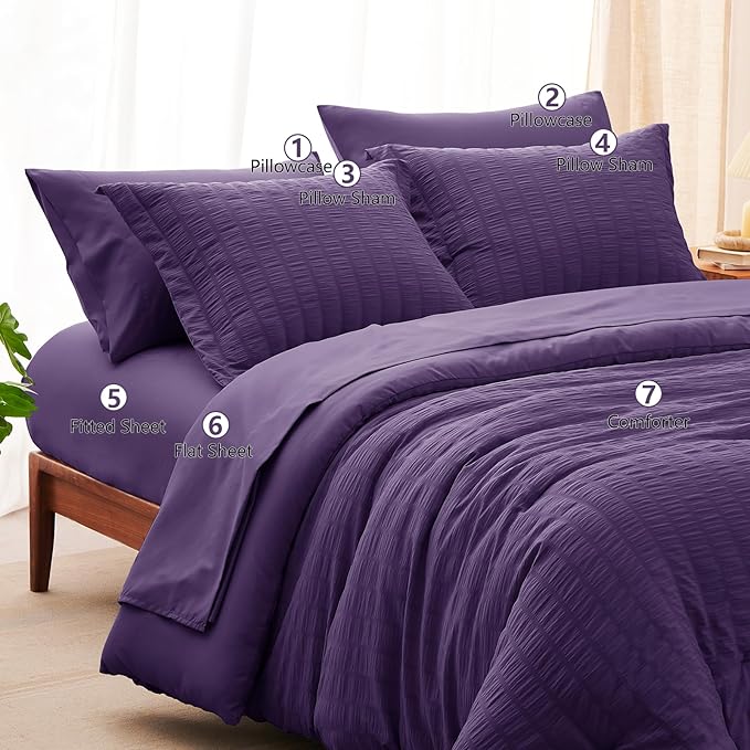 CozyLux King Size Comforter Set Purple Seersucker 7 Pieces Bed in a Bag King - Image 8