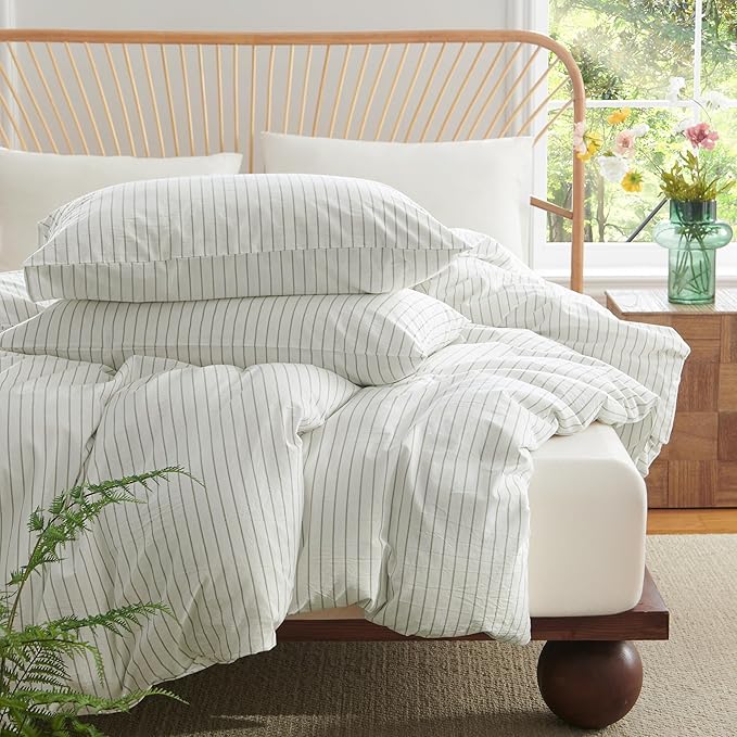 Nayoroom Striped Duvet Cover Queen Size 100% Washed Cotton White Green Stripe - Image 4