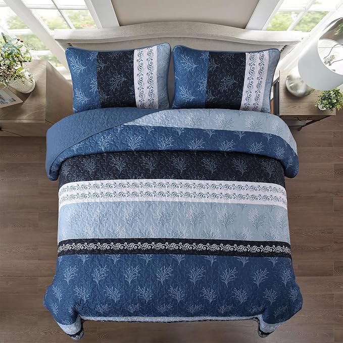 DJY Stripe Quilt Set King Size Blue Bedspread Coverlet Set 3 Pieces Boho Branch - Image 3
