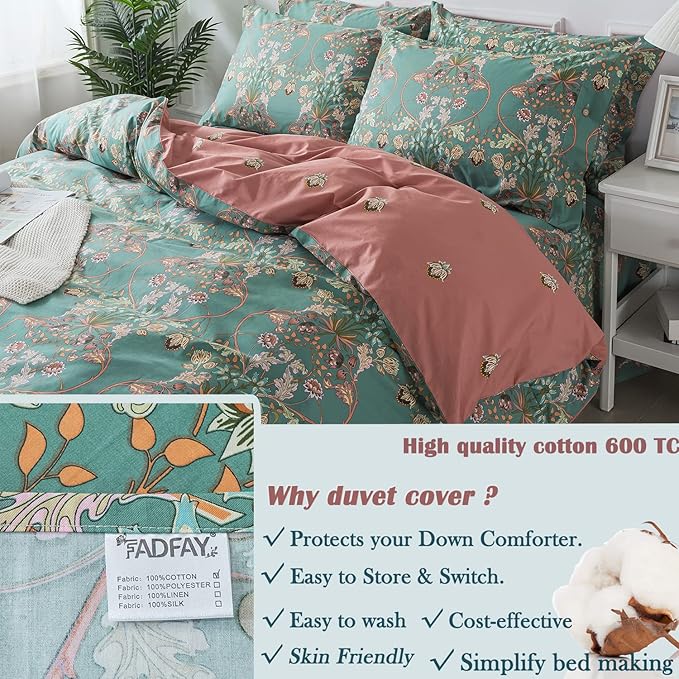 FADFAY Duvet Cover Set Button Closure Floral Bedding King/Cal King 100% Cotton - Image 6