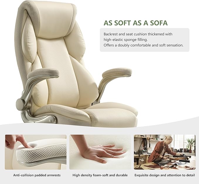 EUREKA ERGONOMIC Executive Office Chair Flip Up Arm Rest, Ergonomic Desk Chair Faux Leather Computer Chair, High Back Office Chair with Headrest, Home Office Desk Chairs with Wheels, Beige-DeskoryOffice