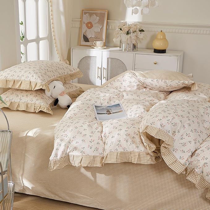 mixinni Beige Floral Duvet Cover Full Size, 100% Cotton Cute Strawberry Floral - Image 7