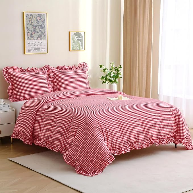 Silnuo Red/White Checkered Ruffle 3-Piece Duvet Cover Set King Size, Washed - Image 3
