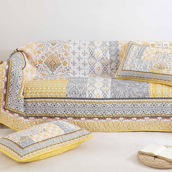 WONGS BEDDING Yellow Quilt Set King Size, Bohemian Patchwork Bedspread Coverlet - Image 8