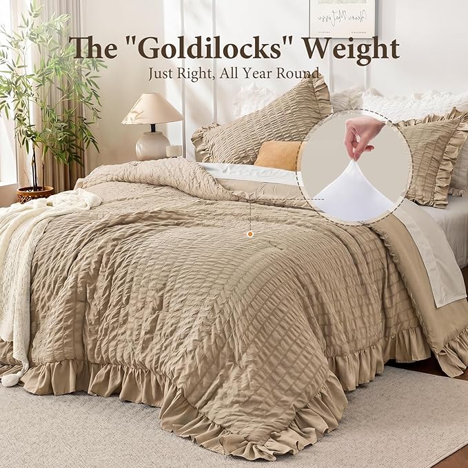 JOLLYVOGUE King Size Comforter Set, 3 Pieces Khaki Seersucker Comforters King - Image 3