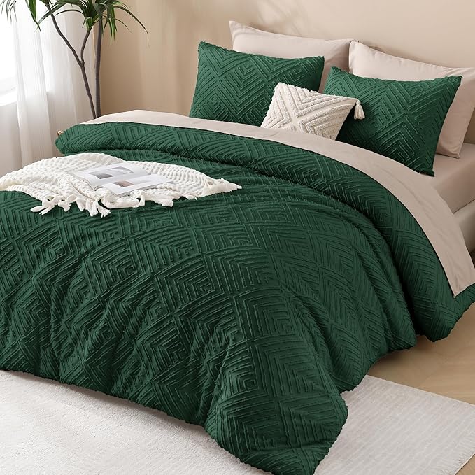 Andency Dark Emerald Green California King Comforter Set, 3 Pieces Boho Tufted - Image 6