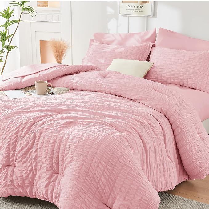 HYMOKEGE Pink Twin Comforter Set Seersucker 5 Pieces, All Season Luxury Bed in by HYMOKEGE