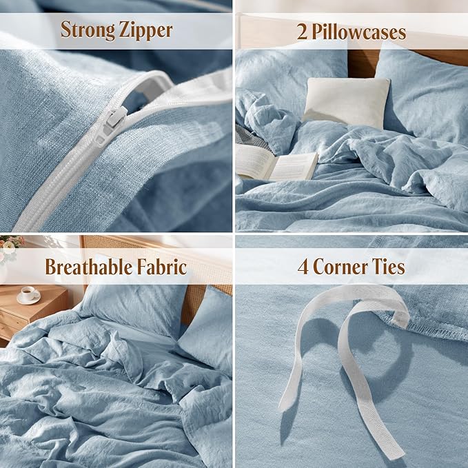 LBRO2M 100% France Linen Duvet Cover Set King Size 3 Pcs Natural Flax Comforter - Image 5