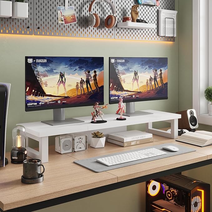 WESTREE Dual Monitor Stand Riser, Wood and Steel Monitor Stand Riser, Computer Monitor Stand for 2 Monitors, Multi-Purpose Desktop Storage Stand for Computer,Laptop,Printer,TV-DeskoryOffice