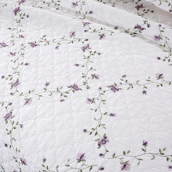 Quilt Set Purple Floral 3D Embroidery Pattern 2 PCS 100% Cotton Reversible - Image 3