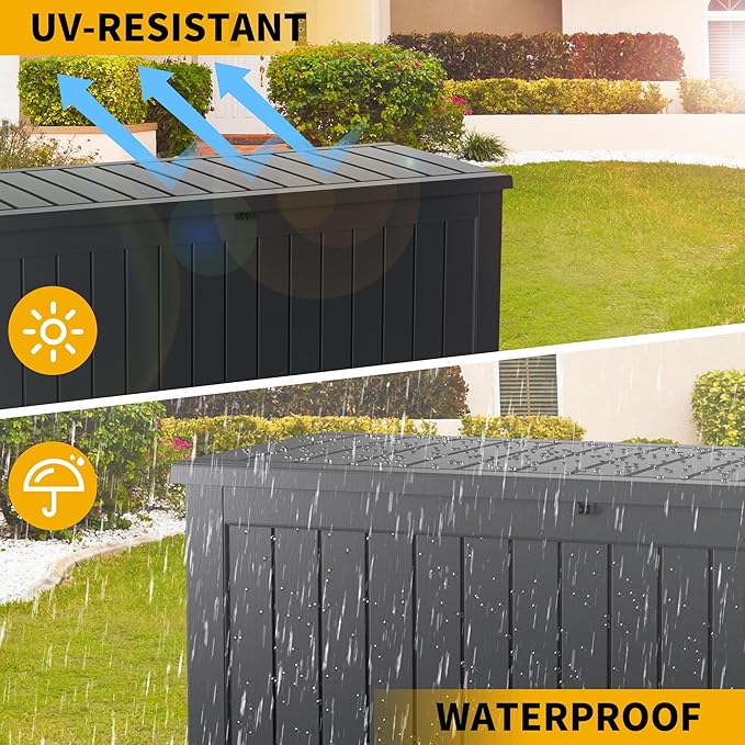 100 Gallon Outdoor Storage Box Waterproof Lockable Resin Deck Box Large, Patio Storage Bin for Pool Accessories Cushion Furniture, Garden Tools, UV-Resistant Outside Delivery Black-DeskoryOffice