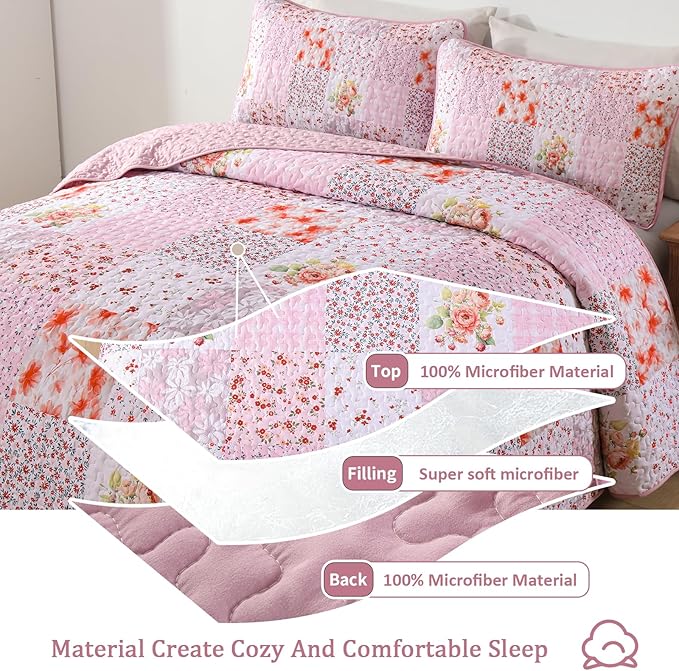 Mybedsoul Patchwork Quilt King Size, Soft Pink Boho Floral King Bedspreads - Image 3