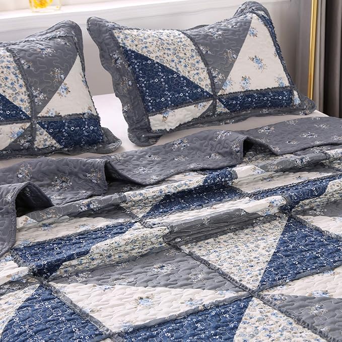 Oversized King Grey Floral Patchwork Quilt Set 132x120 Alaska King Size Bedding - Image 4