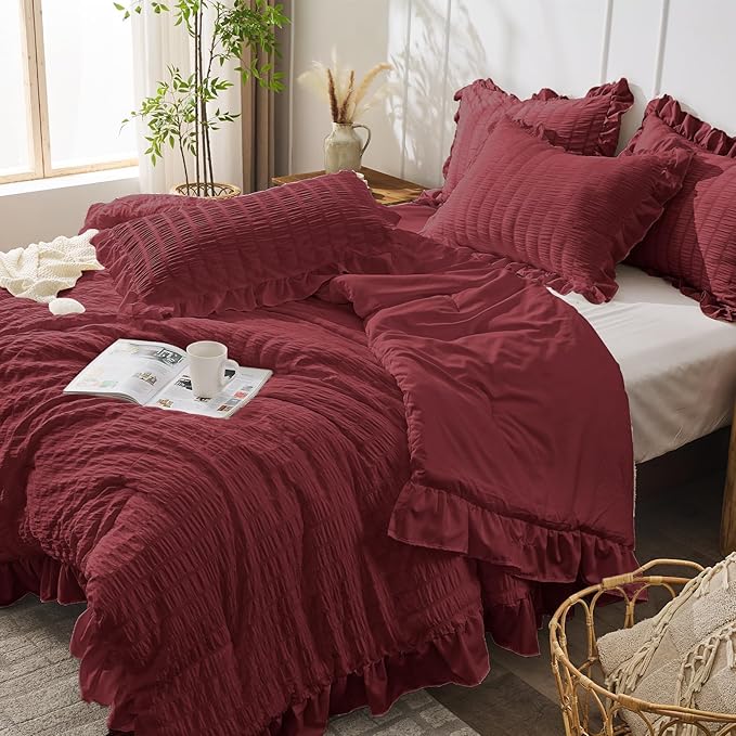 JOLLYVOGUE Queen Comforter Set, 3 Pieces Burgundy Seersucker Comforters Queen - Image 7