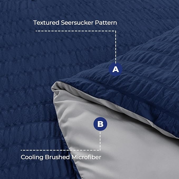 HYMOKEGE Navy Blue/Light Grey California King Comforter Set Seersucker 7 Pieces - Image 4