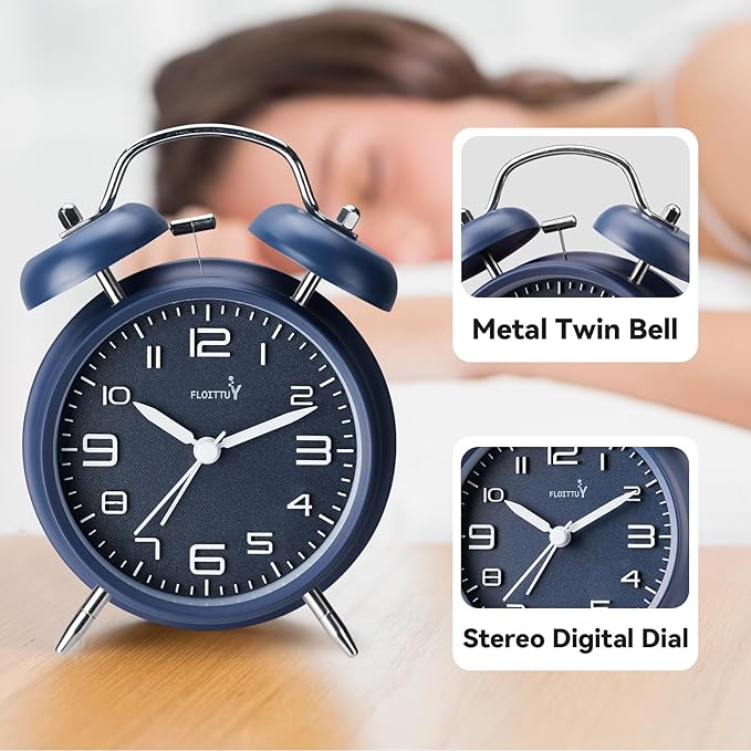 (Loud Alarm for Deep Sleepers 4'' Twin Bell Alarm Clock, Stereo Digital Dial Alarm Clock with Backlight for Bedroom and Home Decoration(Nautical Blue)