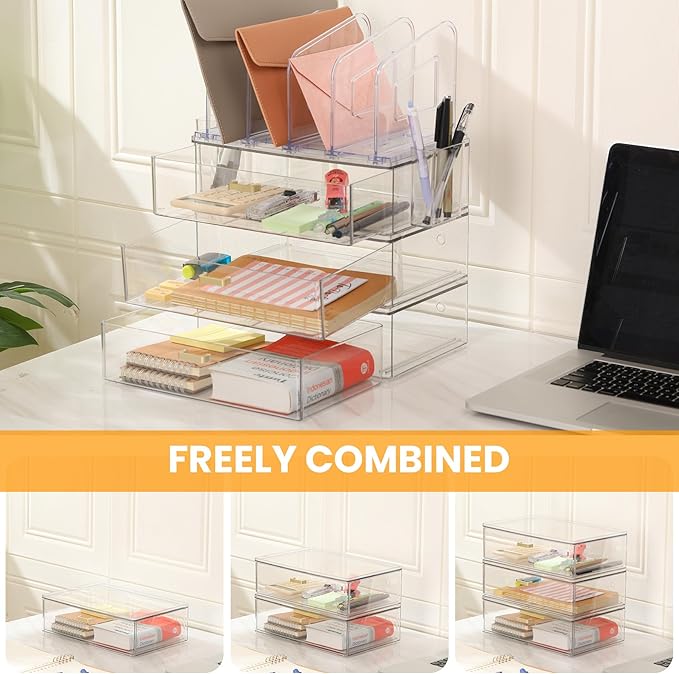 Acrylic Desk Organizer Set, 3 Pack Stackable Desktop Drawer Organizer with 4 Vertical File Holders and 2 Pen Holders, Desk Organizers and Accessories for Home Office Storage-DeskoryOffice