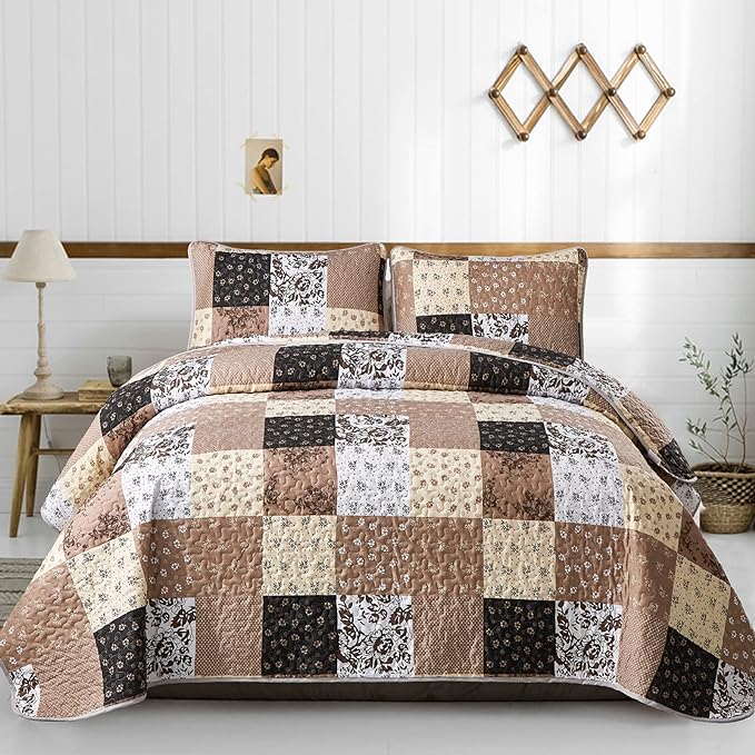 Mybedsoul Patchwork Quilt Set Queen Size, 3 Pieces Brown Floral Plaid Patchwork by Mybedsoul