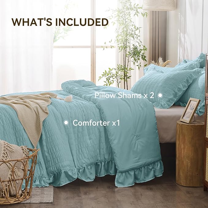 JOLLYVOGUE Light Blue Queen Comforter Set, 3 Pieces Seersucker Comforters Queen - Image 5