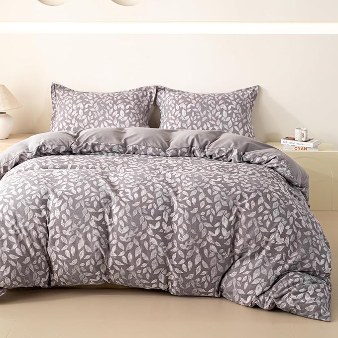 OAITE Grey Fallen Leaves Queen Size Duvet Cover-3 Pieces Prewashed Cotton-Like by OAITE