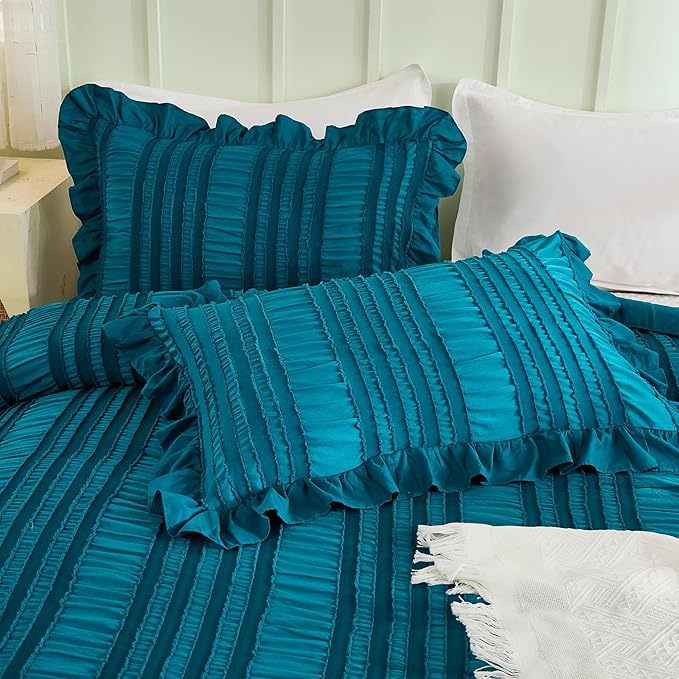 WONGS BEDDING Teal Comforter Set King, 3 Pieces Ruffle Farmhouse Shabby Chic - Image 5