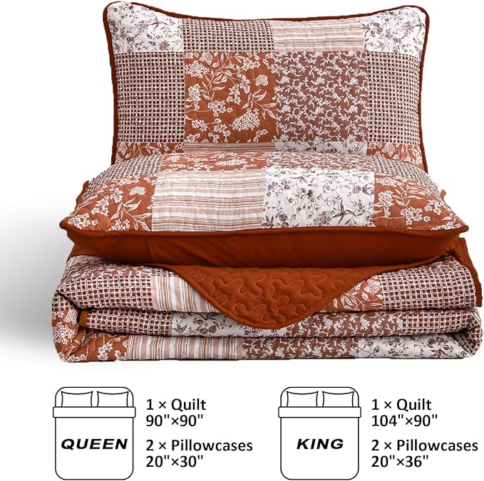 Mybedsoul Burnt Orange Quilt Set Queen Size, 3 Pieces Boho Plaid Terracotta - Image 5