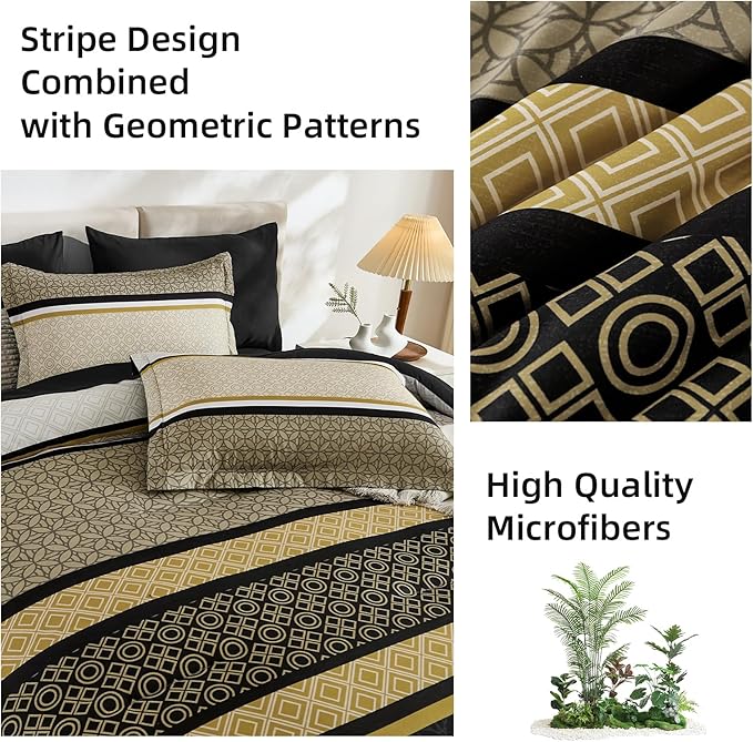 WONGS BEDDING Yellow Black Queen Comforter Set 7 Pieces, Boho Striped Bed in a - Image 7