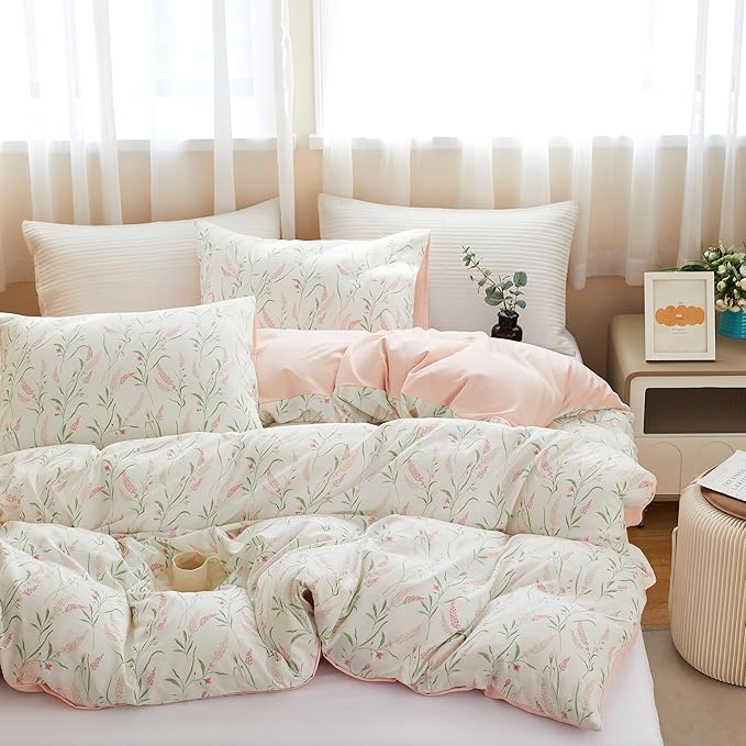 BOLINLIVING Pink Floral Duvet Cover Twin Size, Kids Girls Botanical Leaf Spring - Image 5