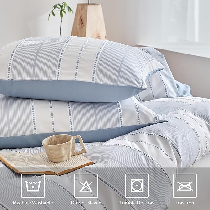 WARMDERN Blue Striped Weave Duvet Cover Queen Size, Microfiber Textured Bedding - Image 7